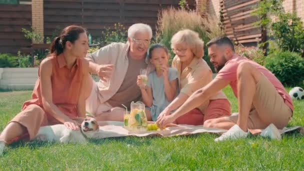 Plný záběr veselého staršího páru, který tráví léto se svými dospělými dětmi a jejich dětmi v základním věku, na pikniku na trávníku na dvorku - Záběry, video