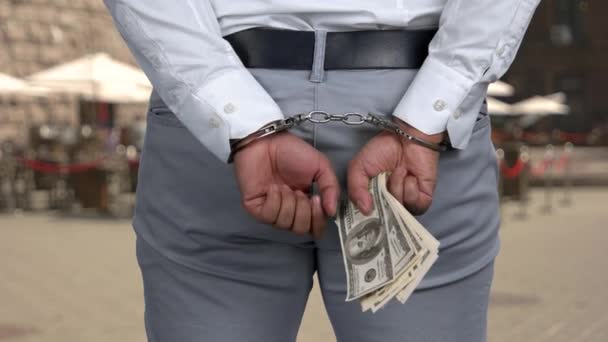 Achteraanzicht gearresteerd zakenman met geld. - Video