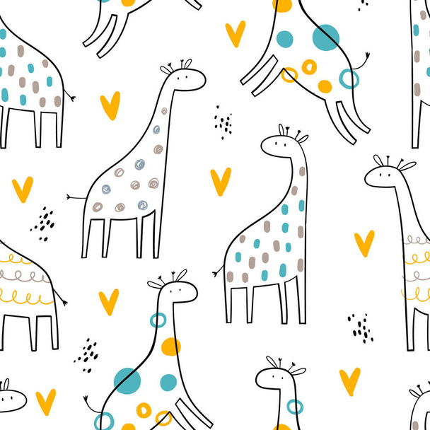 Vector handgezeichnete farbige kindische nahtlose Wiederholung einfachen Musters mit niedlichen Giraffen und Herzen im skandinavischen Stil auf weißem Hintergrund. Niedliche Tierbabys. Muster für Kinder mit Giraffen. - Vektor, Bild