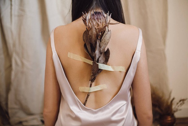 Dry protea flower on duct-taped on female skin on back. Beautiful sensual woman posing with protea flower and scotch tape on back in bohemian style room. Unusual art photo. Healing and recovering - Фото, изображение