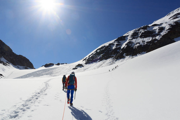 Lano tým horolezectví s crampons na ledovci Sexegertenferner směrem Sexegertenspitze a horské sněhové panorama s modrou oblohou v Tyrolských Alpách, Rakousko - Fotografie, Obrázek