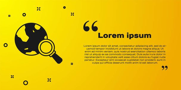 Black Magnifying glass with globe icon isolated on yellow background. Analyzing the world. Global search sign.  Vector. - Vector, Image