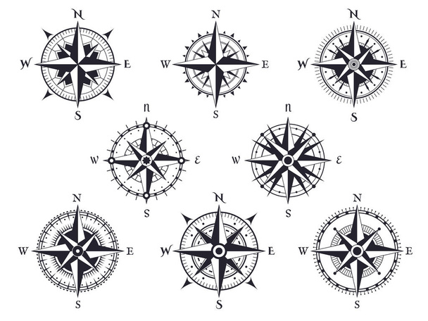Wind rose. Vintage compass with north, south and west, east pointers. Cartography marine retro map sign or tattoo design vector set - Vector, Image