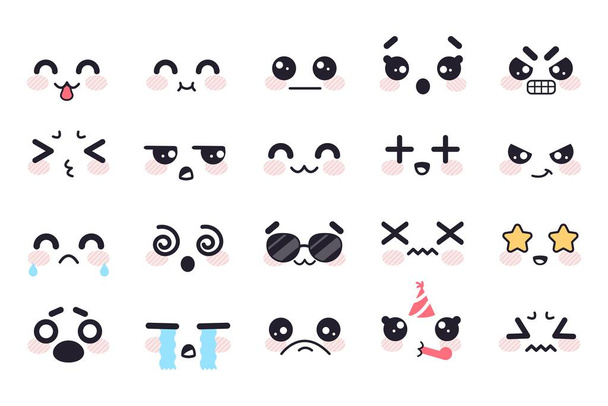 Kawaii cute faces. Japanese manga emotions fear, crying and anger, apathy and death, joy and surprise anime doodle isolated vector set - Vektori, kuva