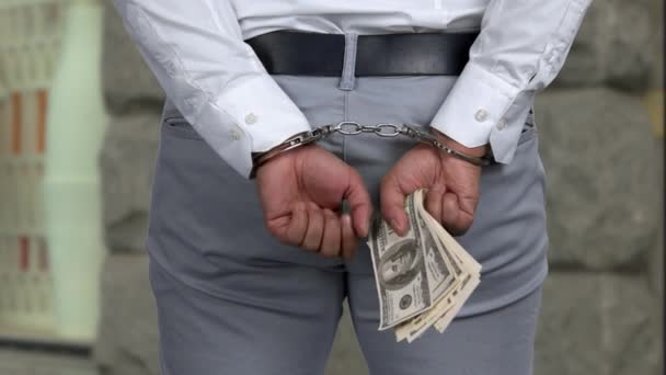 Male hands in handcuffs holding dollars. - Footage, Video