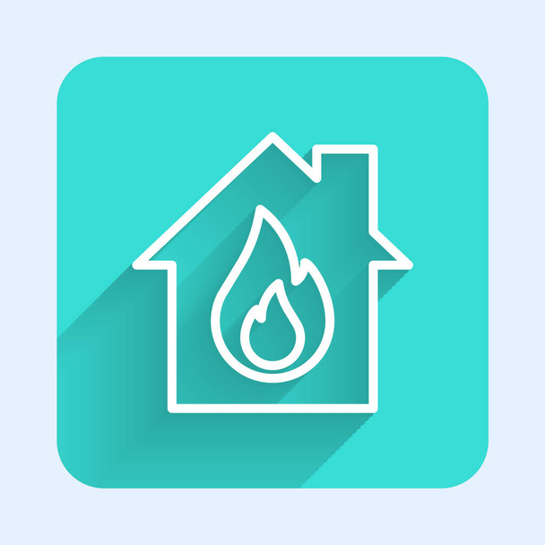White line Fire in burning house icon isolated with long shadow. Green square button. Vector. - Vector, Image