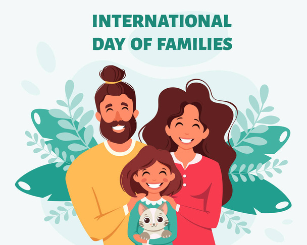 Bonne famille avec fille et chat. Journée internationale des familles. Illustration vectorielle - Vecteur, image