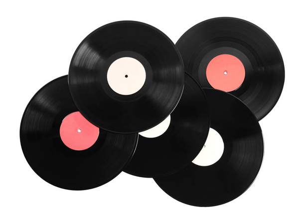 Vintage vinyl records on white background, top view - Photo, Image