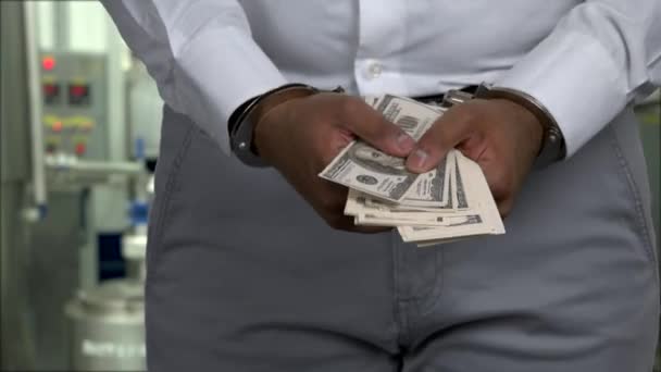 Κοντινό πλάνο δεμένο με χειροπέδες επιχειρηματία κρατώντας χαρτονομίσματα των 100 δολαρίων. - Πλάνα, βίντεο