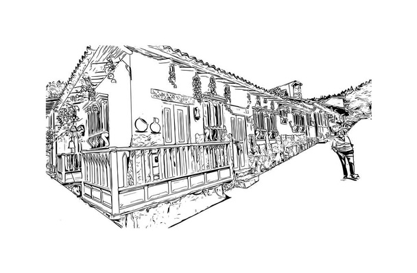 Print Gebouw uitzicht met bezienswaardigheid van Duitama is de stad in Colombia. Handgetekende schets illustratie in vector. - Vector, afbeelding