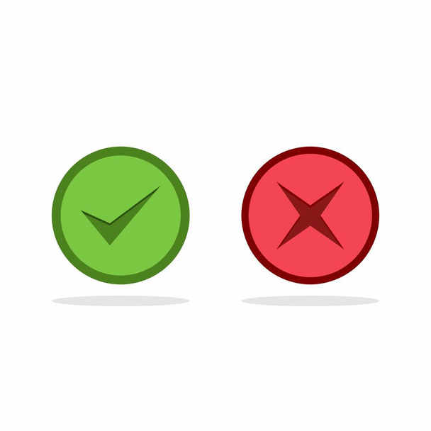 Ellenőrzés és helytelen jelölések, jelölések és jelölések, Elfogadott / elutasított, jóváhagyott / elutasított, igen / nem, helyes / helytelen, zöld / piros, helyes / hamis, oké / nem oké - vektorjel szimbólumok zöld és piros színnel. Izolált ikon. - Vektor, kép