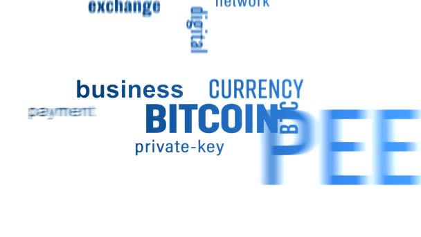 Animation vidéo d'un nuage de mots clés avec du texte bleu sur fond blanc - Bitcoin - crypto-monnaie numérique - Séquence, vidéo