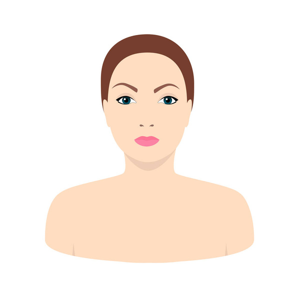 The face of a woman or a young girl close up. Head, neck and naked shoulders of a European woman isolated on white background in flat style.  - Vector, Image