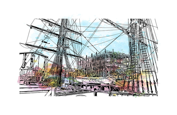 Print Building view with landmark of Dundee is a coastal city on the Firth of Tay estuary in eastern Scotland. Watercolour splash with hand drawn sketch illustration in vector. - Vector, Image