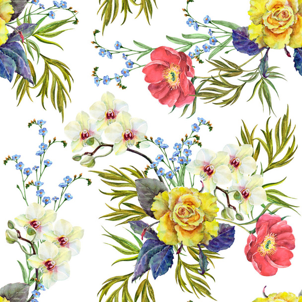 Garden flowers painted in watercolor. Seamless pattern on white background. Illustration for decoration. - Photo, image