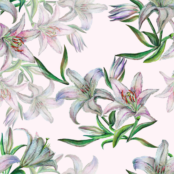 Садові квіти лілії пофарбовані в пастельні з листям. Квітковий безшовний візерунок на рожевому фоні
. - Фото, зображення