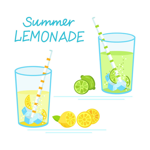 Glasses of lime and lemon drink with ice and straw. Vector illustration summer lemonade concept. - Vetor, Imagem