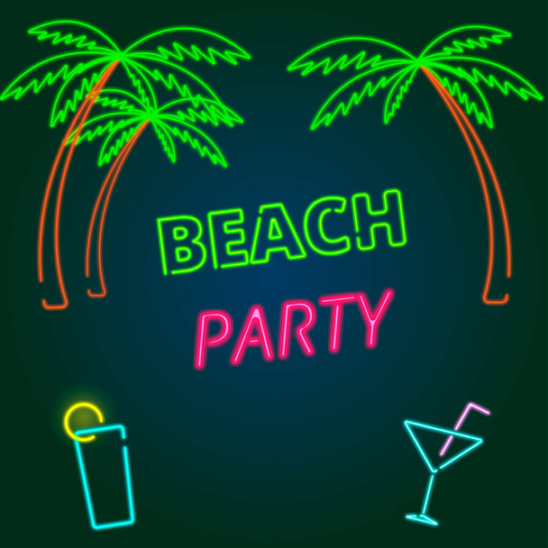 Beach party. Summer party. Neon sign Hanging decorative holiday lights for a beach party invitation. Inspiration card for wedding, date, birthday - Vector, Image