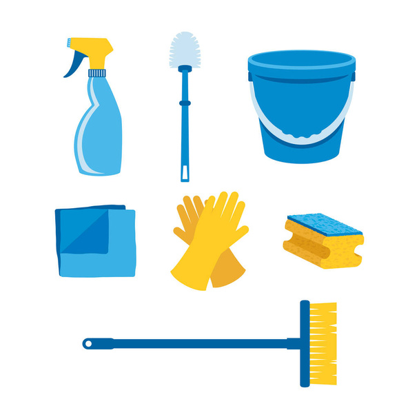 Produkty do czyszczenia gospodarstw domowych wektor zestawu ikon. Przedmiot gospodarstwa domowego i wektor zaopatrzenia w środki czystości. Ikony narzędzi czyszczących izolowane na białym tle - Wektor, obraz