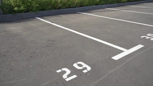 Close-up van een witte verf nummer markering op een parkeerplaats. Lege parkeerplaats, Parkeerplaats met witte stip, Open parkeerplaats in openbaar park. Nummer 30. Video 4K. - Video