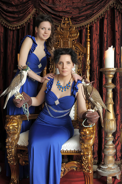 two brunette women princess and queen in blue dress with a falcon on the throne - Φωτογραφία, εικόνα