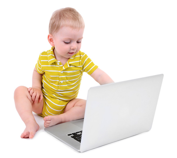 Cute little boy with laptop isolated on white - Foto, Imagen