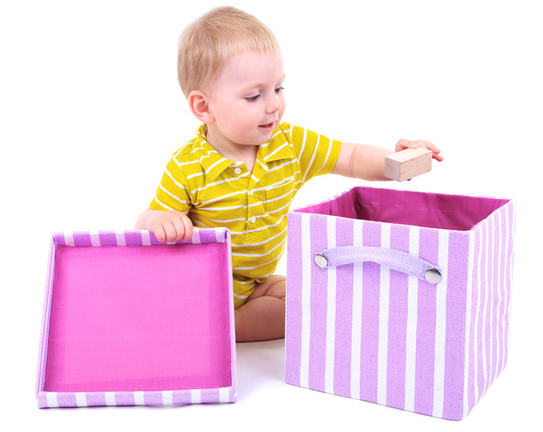 Cute little boy with textile box isolated on white - Foto, afbeelding