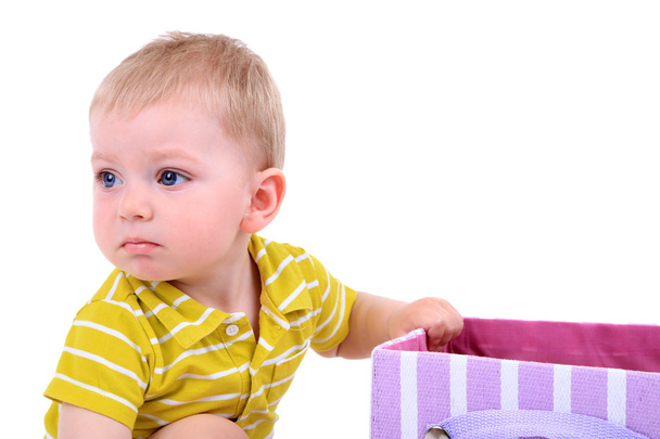 Cute little boy with textile box isolated on white - Фото, зображення