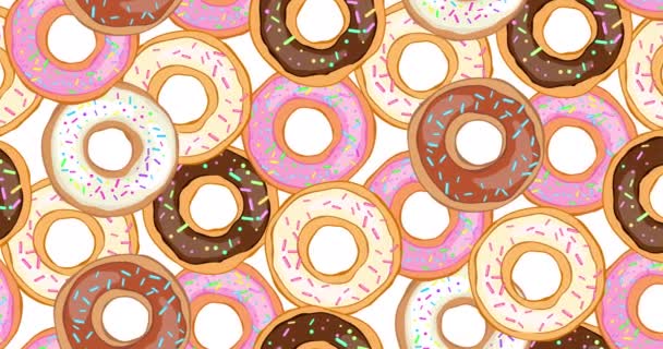 Animation seamless loop pattern colorfulred donuts. Donut with icing sprinkled with grains. Design for your ad, holiday designs, party, birthday, invitation. 4K video graphic animation - Footage, Video