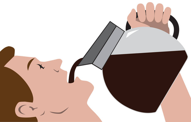 A man in a hurry for his morning coffee is drinking it straight from the pot - Vector, Image