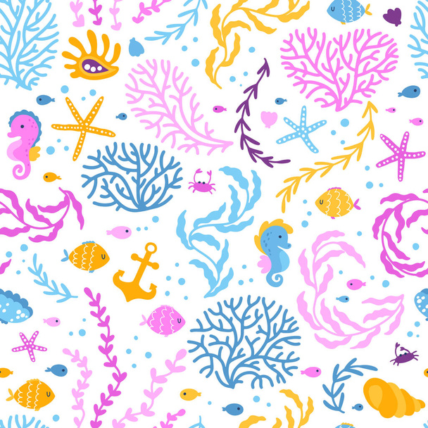 Seabed seamless pattern with algae, corals and cute sea inhabitants, seahorses, small crabs and fish, with anchor, shells and starfish. Childish vector hand-drawn illustration with colorful palette. - Vektor, obrázek