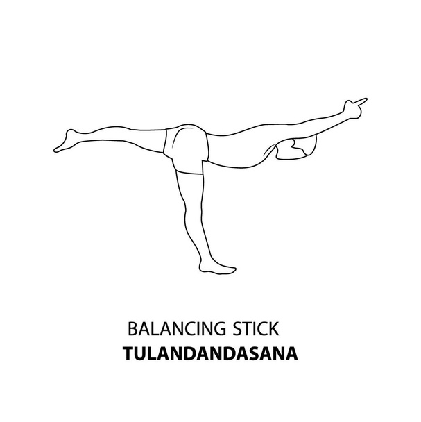 Muž cvičící jógu představuje izolovaný obrys Ilustrace. Muž stojící v balancing Stick Pose nebo Tulandasana, Yoga Asana linie ikona - Vektor, obrázek
