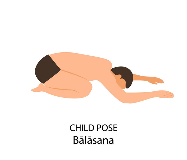 Людина практикує позу йоги ізольований Вектор Ілюстрація. Чоловік, що стоїть у дитячому позі або Баласані, ікона йоги Асани. - Вектор, зображення