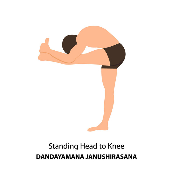 Uomo che pratica yoga posa isolato Vector Illustrazione. Uomo in piedi in posa testa a ginocchio, dandayamana janushirasana posa, Yoga Asana icona - Vettoriali, immagini