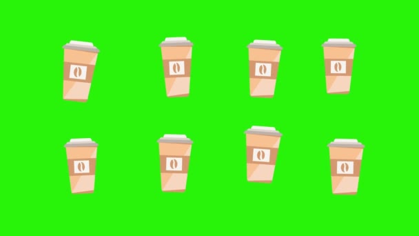 Animatie van koffiekopjes op groen scherm chroma sleutel, platte design elementen - Video