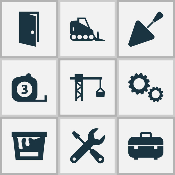 Stavební ikony s ozubenými koly, buldozery, páskovým pravítkem a dalšími ozubenými koly. Izolované ikony konstrukce ilustrací. - Fotografie, Obrázek