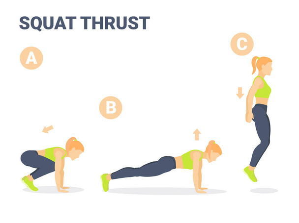 Squat Thrust Exercício Girl Home Treino Orientação. - Vetor, Imagem