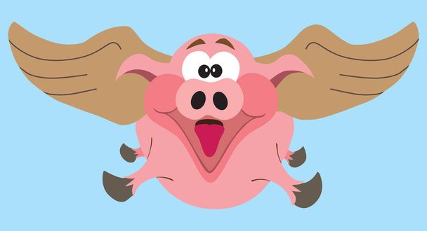 Ένα επίπεδο διανυσματικό γουρούνι κινουμένων σχεδίων πετάει ευτυχισμένα στον αέρα - Διάνυσμα, εικόνα