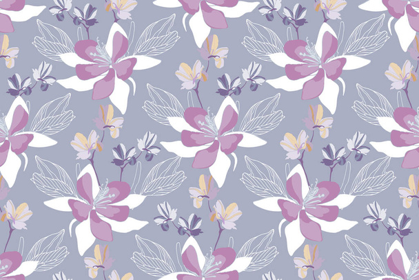 Art floral vector seamless pattern. Light purple, white vector flowers, twigs, leaves - Vetor, Imagem