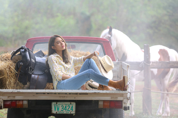 畑に馬と農場でトラックに座って女性の肖像画 - 写真・画像