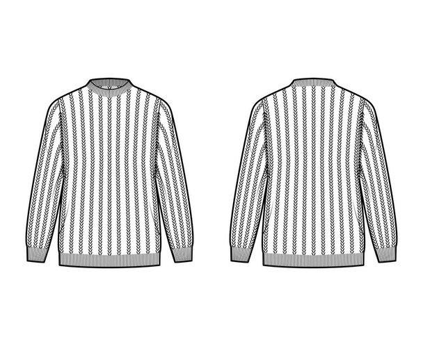 Żebrowany sweter techniczny moda Ilustracja z szyją żebra załogi, długie rękawy, przerośnięte, długość biodra, wykończenie mankiet dzianina - Wektor, obraz