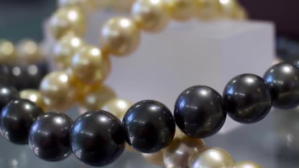 Panning close up of black and gold cultured south sea pearls. - Footage, Video
