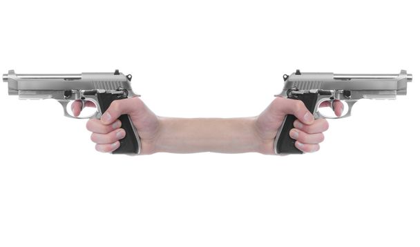 Hand holding a handgun pistol 357 Magnum isolated on white background. Deadly weapon - Foto, Imagen