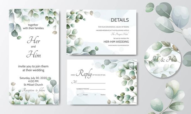 Hochzeitseinladungskarte mit Eukalyptusblättern Vorlage - Vektor, Bild