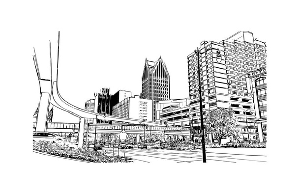 印刷デトロイトのランドマークとビルの景色はミシガン州中西部で最大の都市です。手描きのスケッチ図ベクトル. - ベクター画像