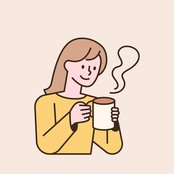 Una donna sta tenendo una tazza fumante calda. disegno piatto stile minimale illustrazione vettoriale. - Vettoriali, immagini