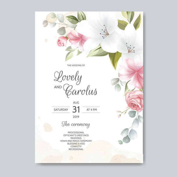 Gyönyörű virágkoszorú esküvői meghívó kártya sablon - Vektor, kép