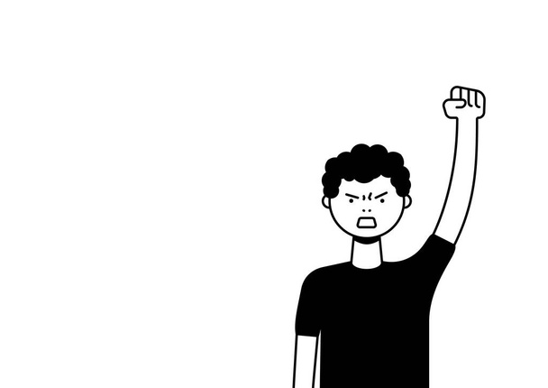 Een man protesteert met een opgeheven vuist, schreeuwend boos. Een mannelijke demonstrant of activist. Ontwerp voor horizontale banner of bordje met kopieerruimte. Vector platte illustratie. - Vector, afbeelding