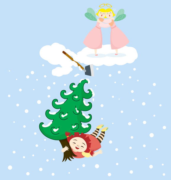 een beetje meisje teken stal kerstboom van twee engel. - Vector, afbeelding