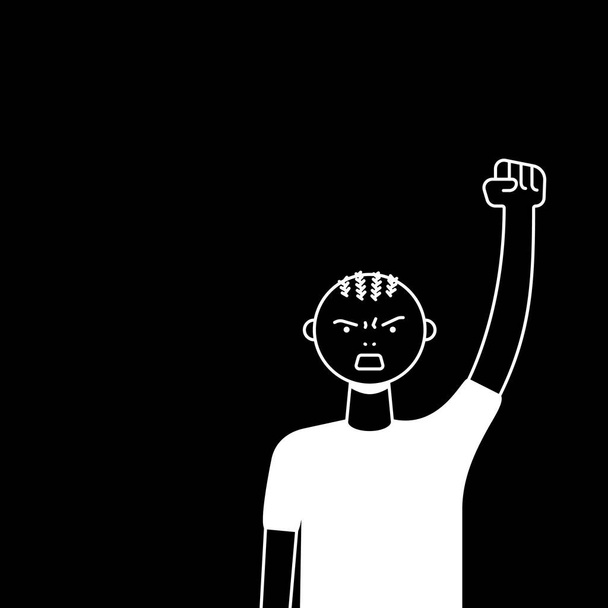 A man protests with a raised up fist, screaming angrily. Male protester or activist. Black Lives Matter square banner or placard design with copy space. Vector flat illustration. - Vector, Image